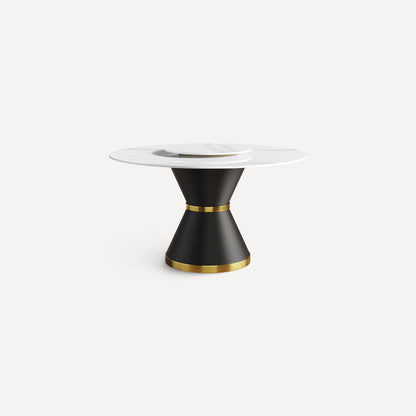 59.05" Round Pedestal Dining Table with White Sintered Stone and Lazy Susan