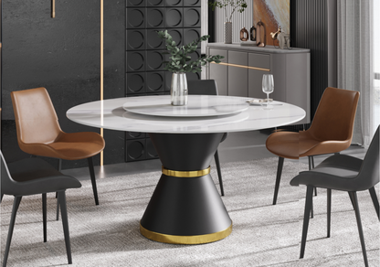 59.05" Round Pedestal Dining Table with White Sintered Stone and Lazy Susan
