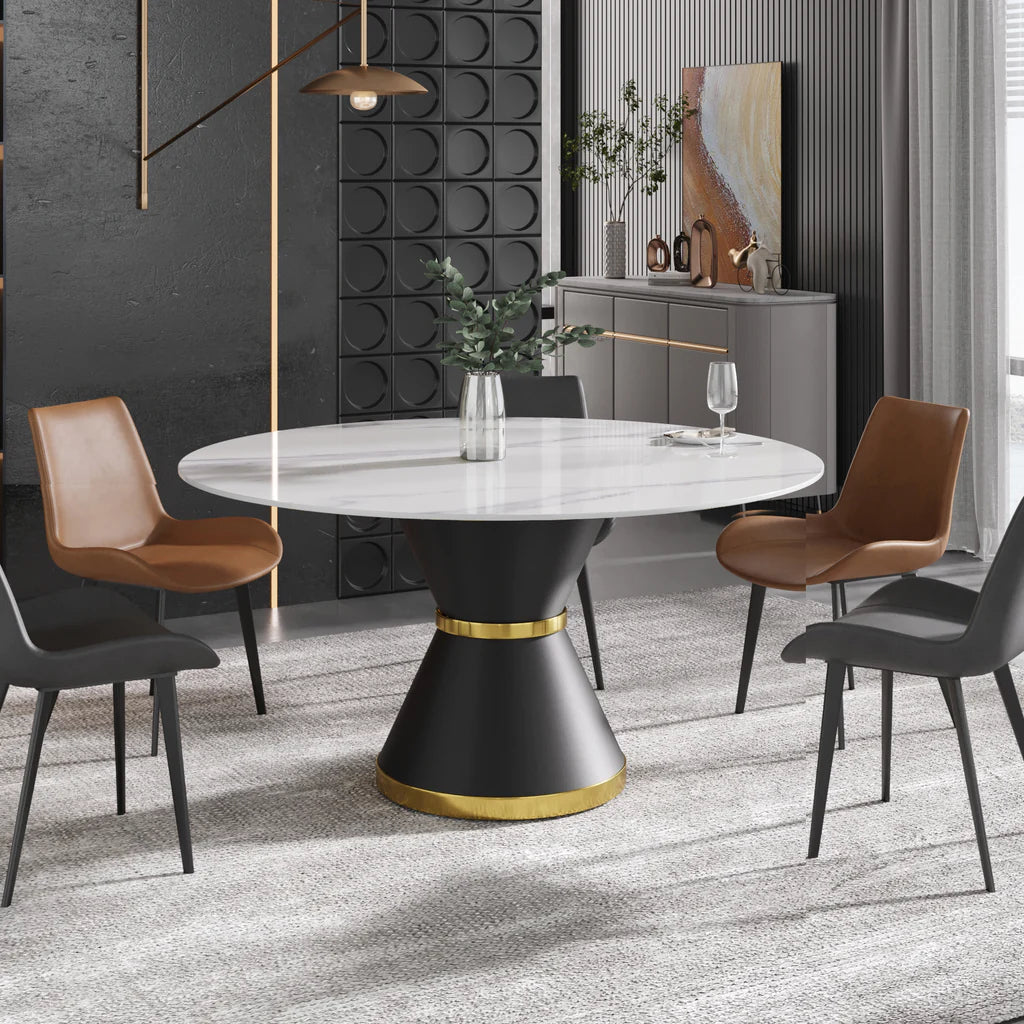 59.05" Round Pedestal Dining Table with White Sintered Stone and Lazy Susan