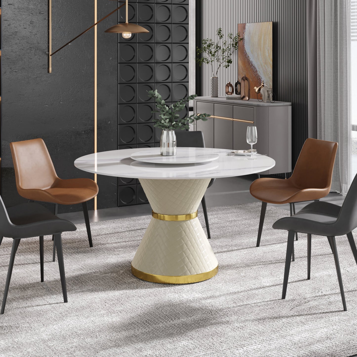 59.05" Round Pedestal Dining Table with White Sintered Stone and Lazy Susan