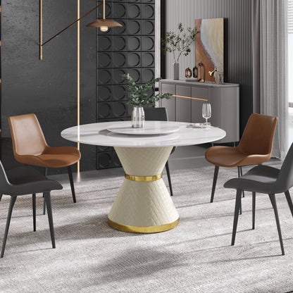 59.05" Round Pedestal Dining Table with White Sintered Stone and Lazy Susan