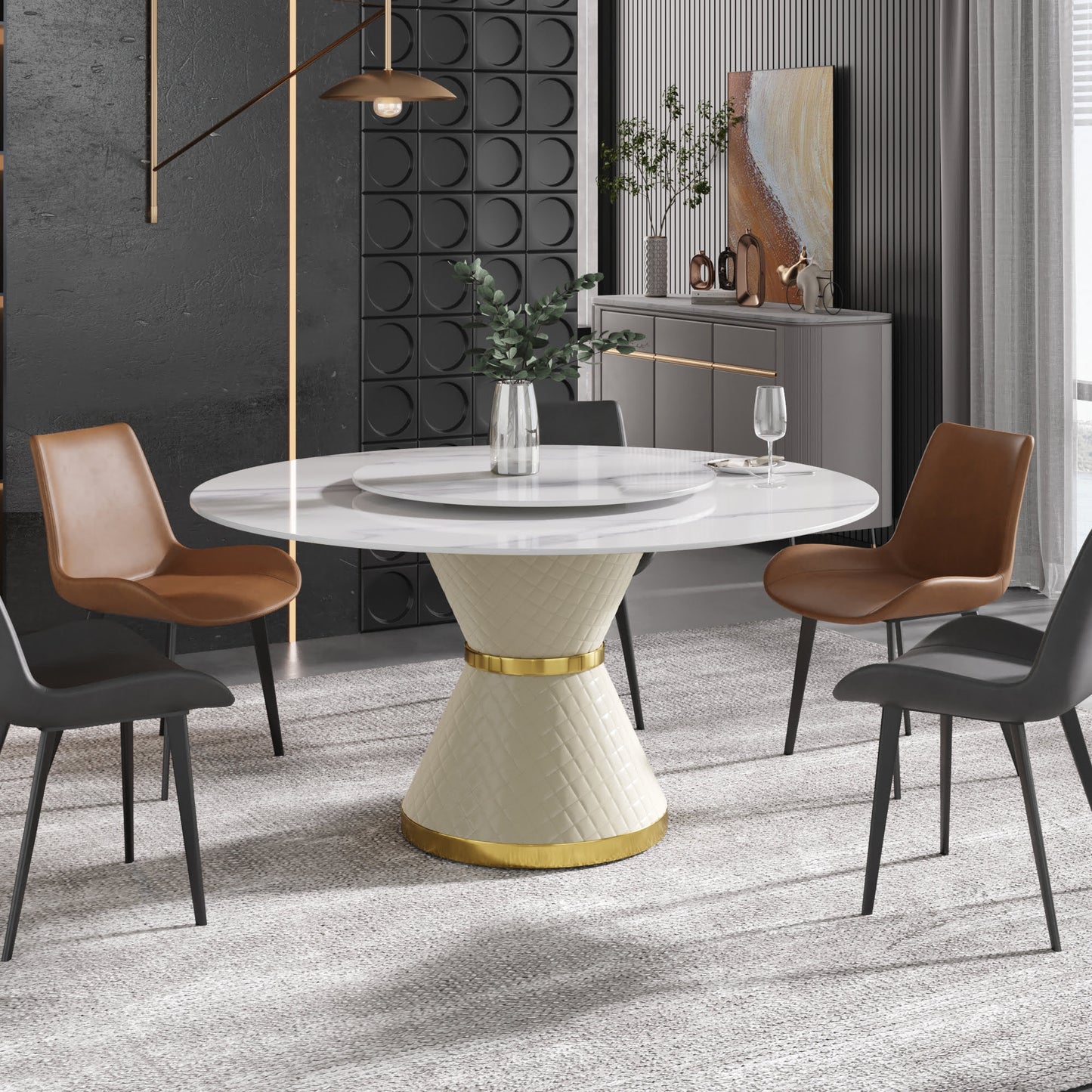 59.05" Round Pedestal Dining Table with White Sintered Stone and Lazy Susan