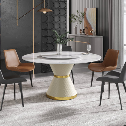 59.05" Round Pedestal Dining Table with White Sintered Stone and Lazy Susan