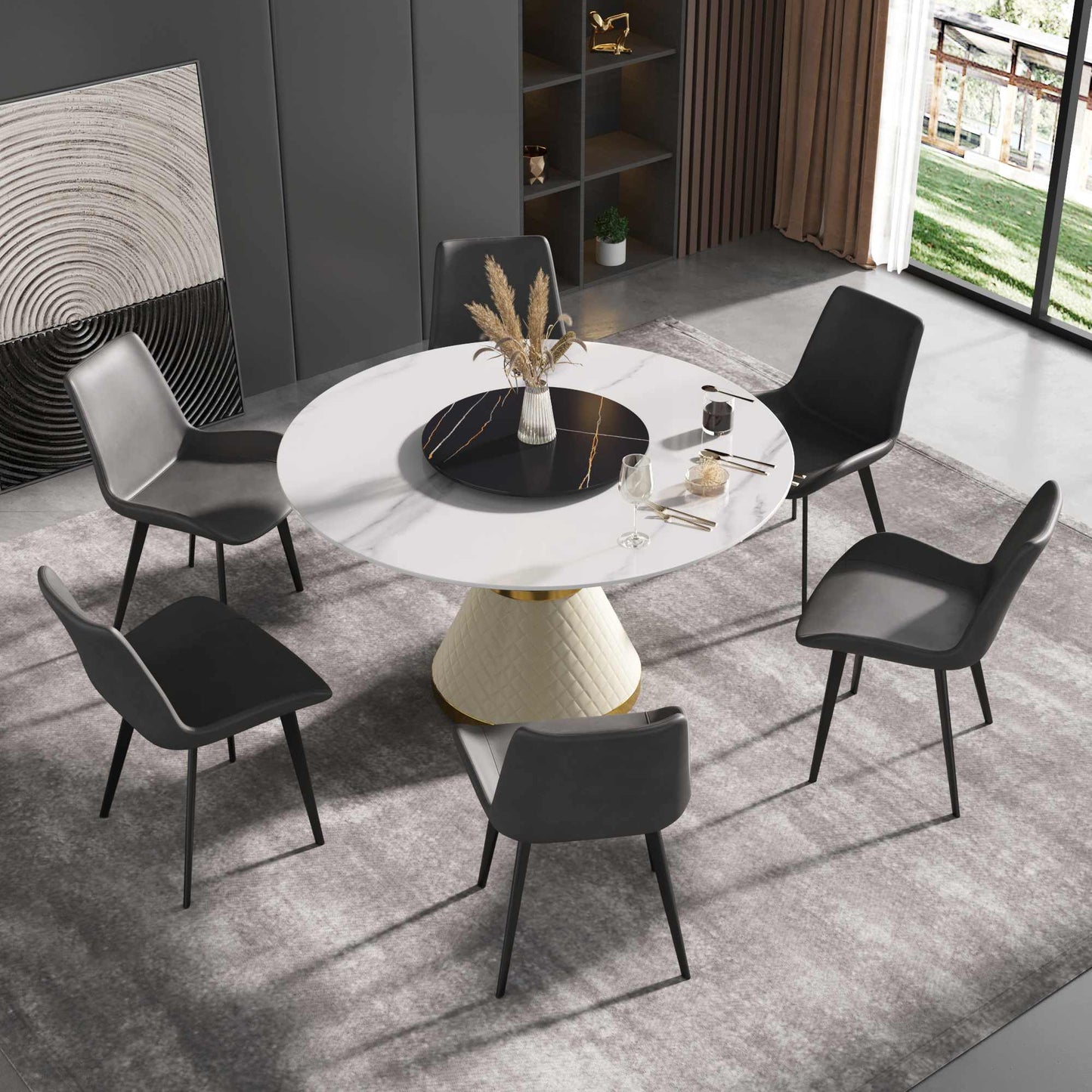 59.05" Round Pedestal Dining Table with White Sintered Stone and Lazy Susan