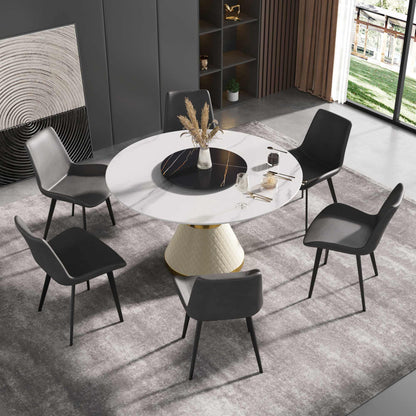 59.05" Round Pedestal Dining Table with White Sintered Stone and Lazy Susan