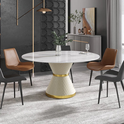 59.05" Round Pedestal Dining Table with White Sintered Stone and Lazy Susan